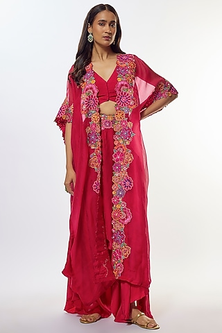 Red Organza Resham Hand Embroidered Cape Set by Mrunalini Rao