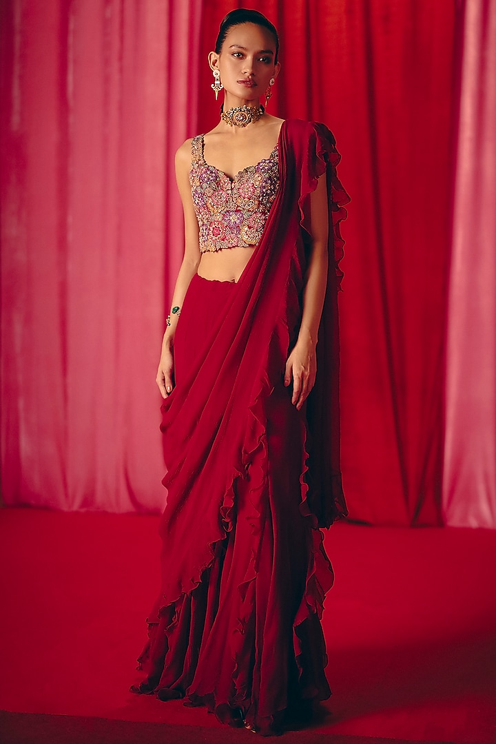 Maroon Chiffon Ruffled Saree Set by Mrunalini Rao at Pernia's Pop Up Shop