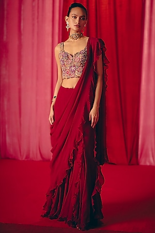 Maroon Chiffon Ruffled Saree Set by Mrunalini Rao