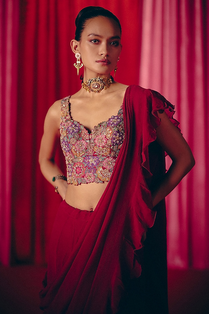 Maroon Chiffon Ruffled Reception Saree Set by Mrunalini Rao at Pernia's Pop Up Shop