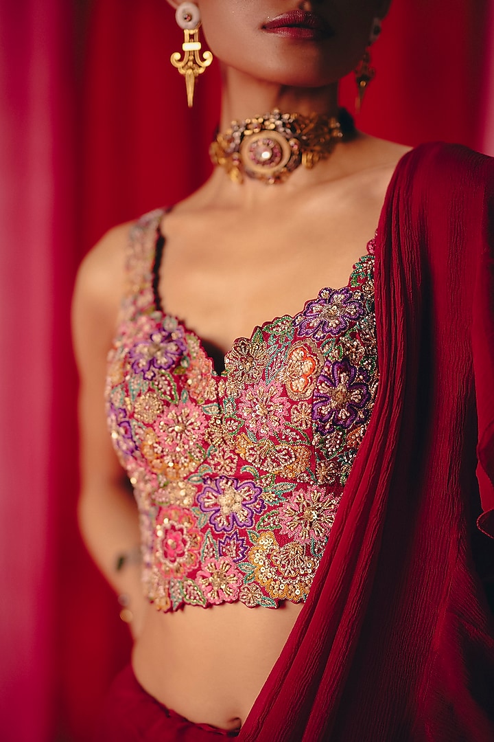 Maroon Chiffon Ruffled Reception Saree Set by Mrunalini Rao at Pernia's Pop Up Shop