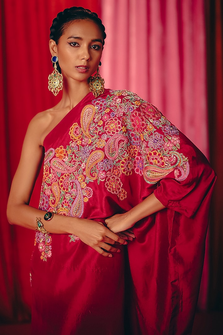 Maroon Pure Silk Resham Hand Embroidered One-Shoulder Kaftan by Mrunalini Rao at Pernia's Pop Up Shop