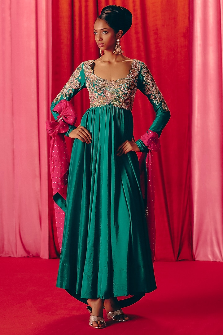 Rama Green Pure Silk Zardosi Hand Embroidered Anarkali Set by Mrunalini Rao at Pernia's Pop Up Shop