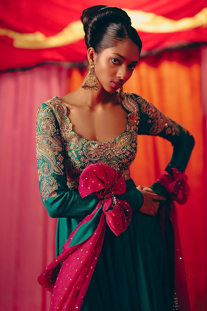 Rama Green Pure Silk Zardosi Hand Embroidered Bridal Anarkali Set by Mrunalini Rao at Pernia's Pop Up Shop