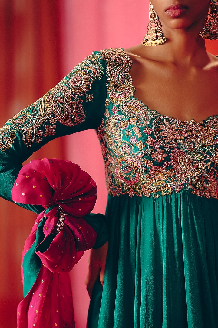 Rama Green Pure Silk Zardosi Hand Embroidered Bridal Anarkali Set by Mrunalini Rao at Pernia's Pop Up Shop