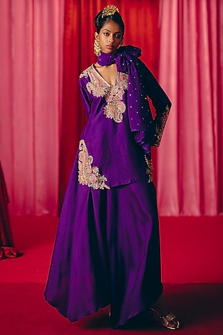 Purple Pure Silk Resham & Zardosi Hand Embroidered Kurta Set by Mrunalini Rao