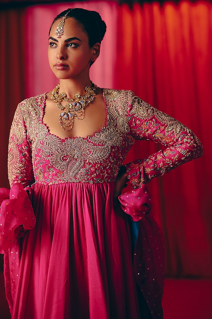 Fuchsia Pink Pure Silk Resham & Zardosi Hand Embroidered Bridal Anarkali Set by Mrunalini Rao at Pernia's Pop Up Shop