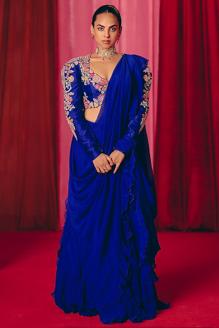 Royal Blue Chiffon Ruffled Saree Set by Mrunalini Rao at Pernia's Pop Up Shop