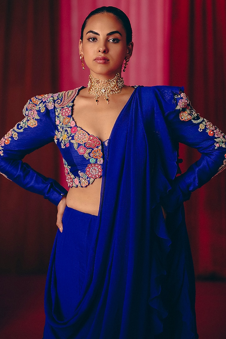 Royal Blue Chiffon Ruffled Reception Saree Set by Mrunalini Rao at Pernia's Pop Up Shop