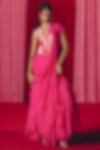 Fuchsia Pink Chiffon Ruffled Saree Set by Mrunalini Rao at Pernia's Pop Up Shop