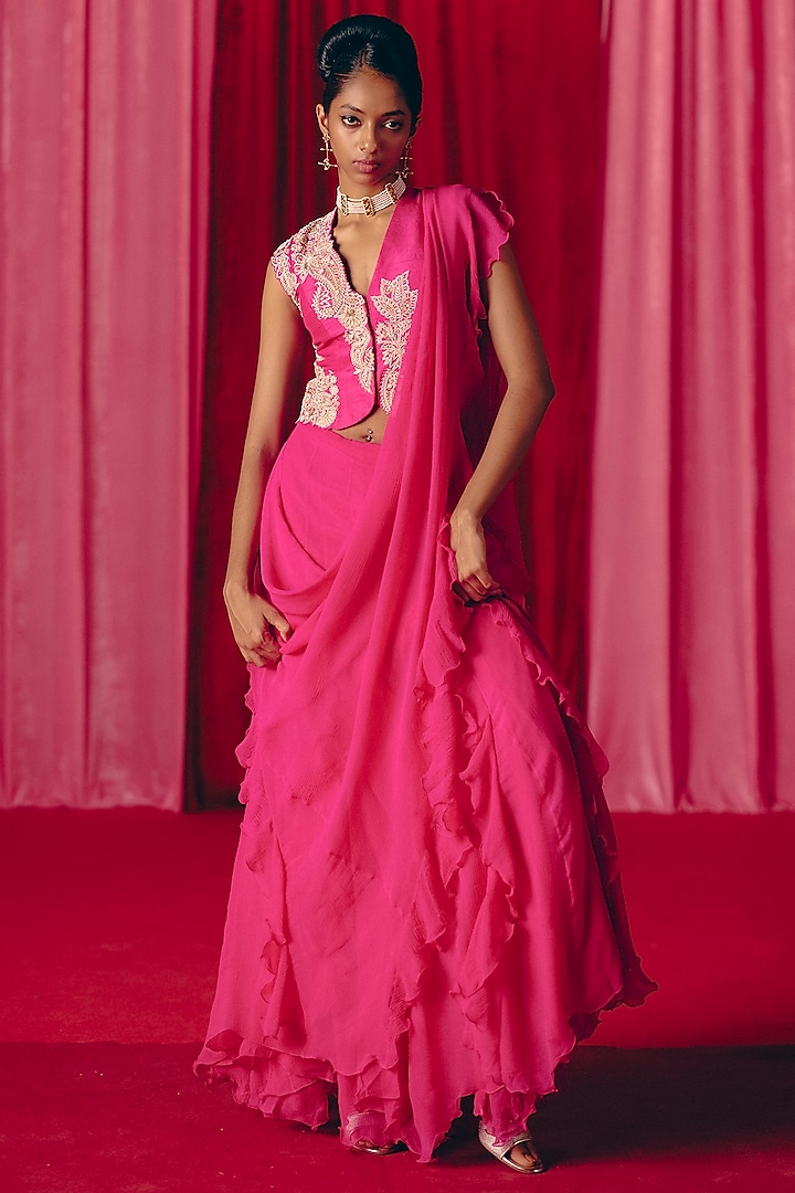 Fuchsia Pink Chiffon Ruffled Saree Set by Mrunalini Rao at Pernia's Pop Up Shop