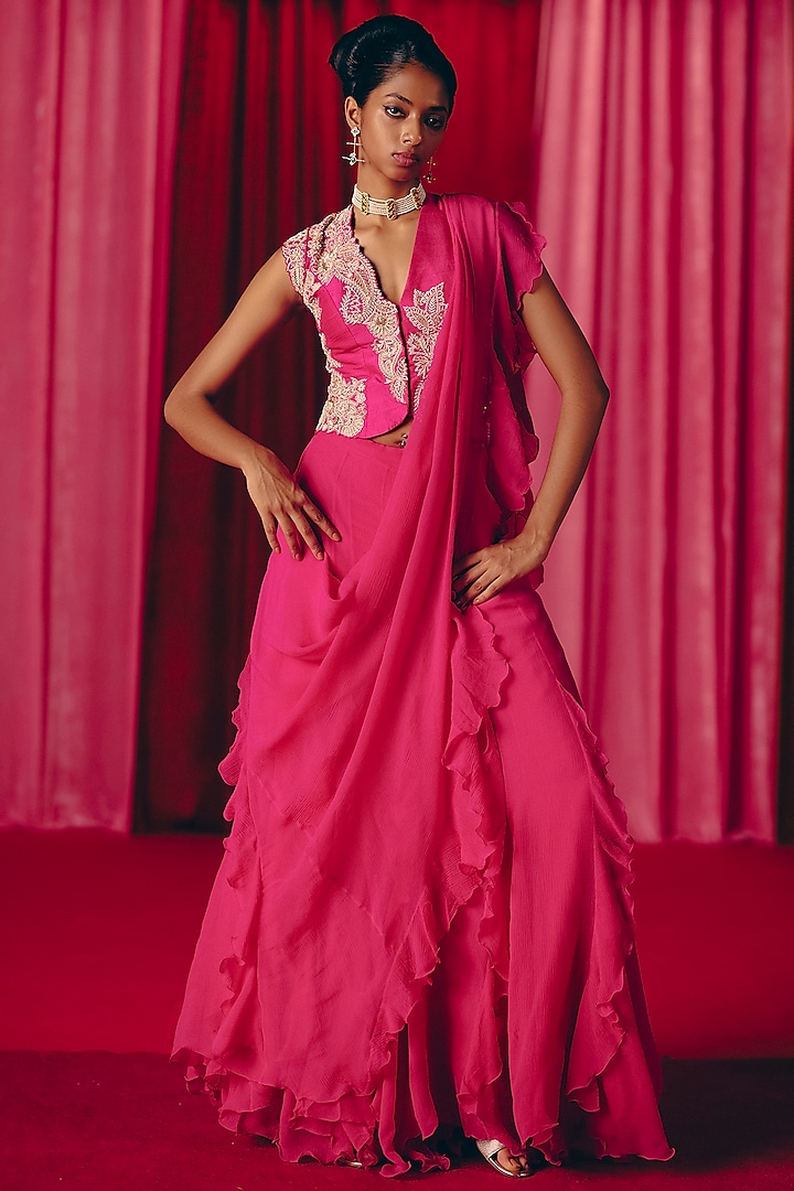 Fuchsia Pink Chiffon Ruffled Reception Saree Set by Mrunalini Rao at Pernia's Pop Up Shop