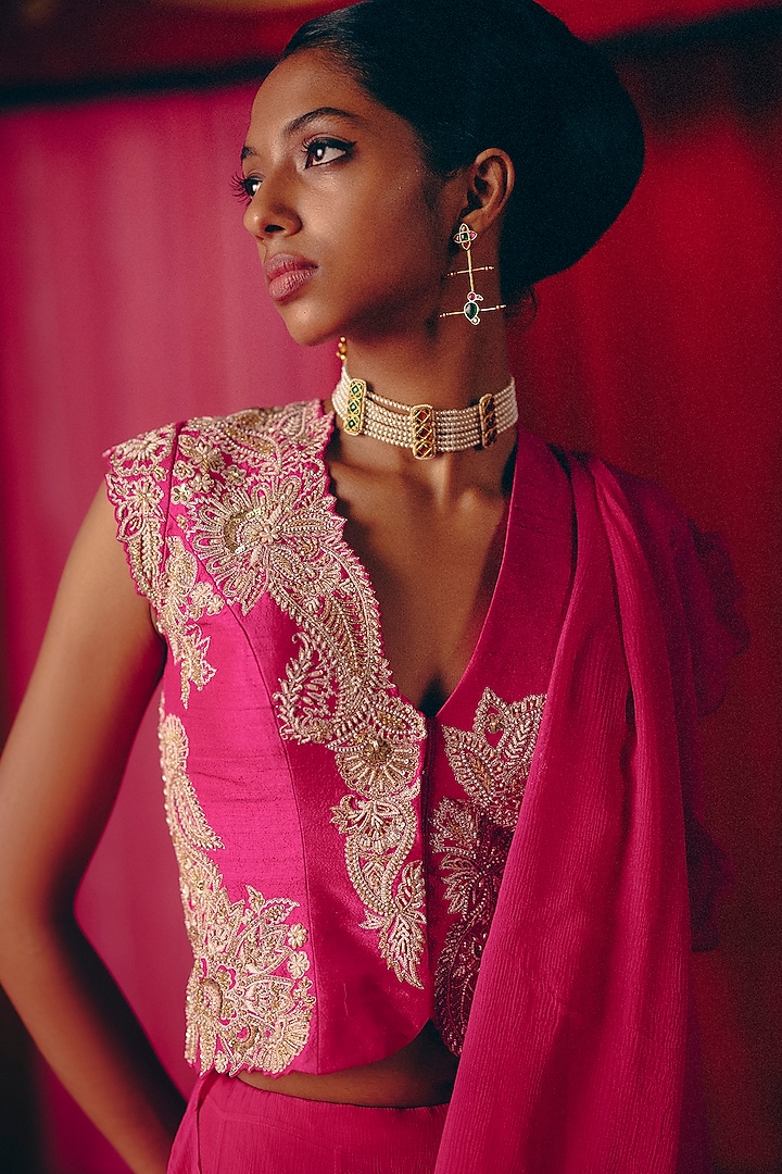 Fuchsia Pink Chiffon Ruffled Reception Saree Set by Mrunalini Rao at Pernia's Pop Up Shop