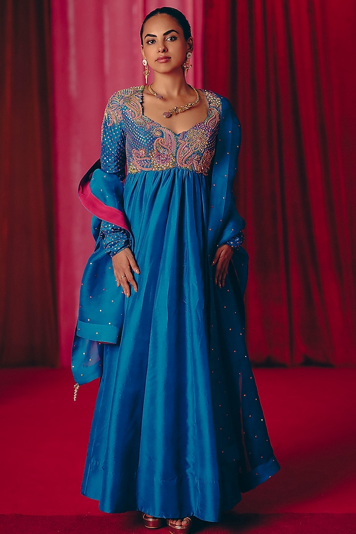 Blue Pure Silk Resham & Zardosi Hand Embroidered Anarkali Set by Mrunalini Rao at Pernia's Pop Up Shop