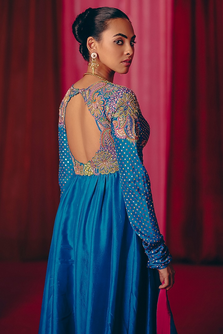 Blue Pure Silk Resham & Zardosi Hand Embroidered Bridal Anarkali Set by Mrunalini Rao at Pernia's Pop Up Shop