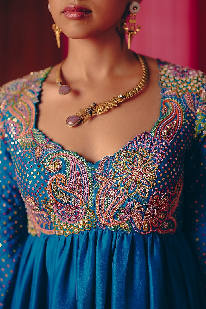 Blue Pure Silk Resham & Zardosi Hand Embroidered Bridal Anarkali Set by Mrunalini Rao at Pernia's Pop Up Shop