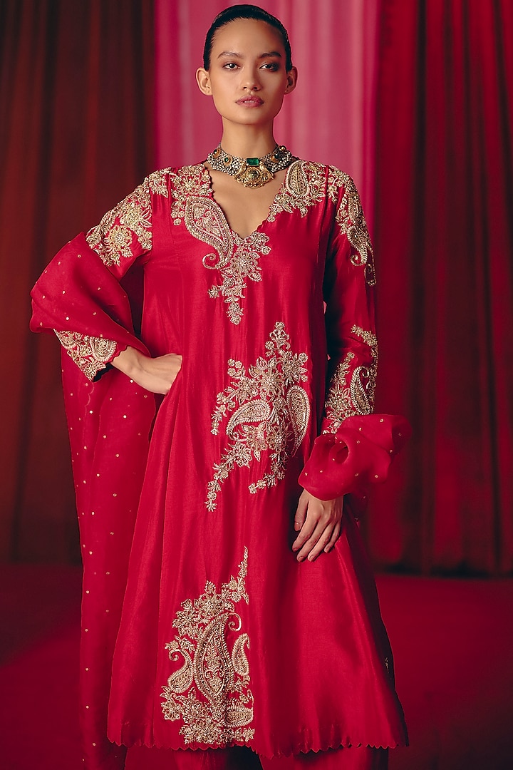 Red Pure Silk Zardosi Hand Embroidered A-Line Kurta Set by Mrunalini Rao at Pernia's Pop Up Shop