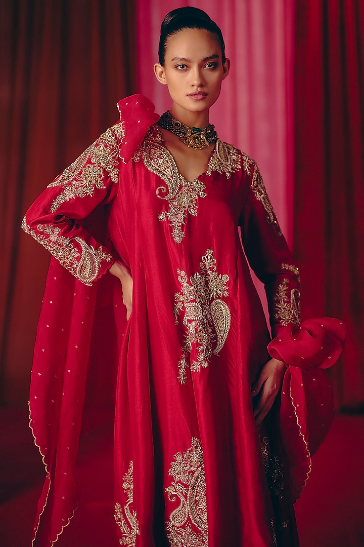 Red Pure Silk Zardosi Hand Embroidered A-Line Kurta Set by Mrunalini Rao at Pernia's Pop Up Shop