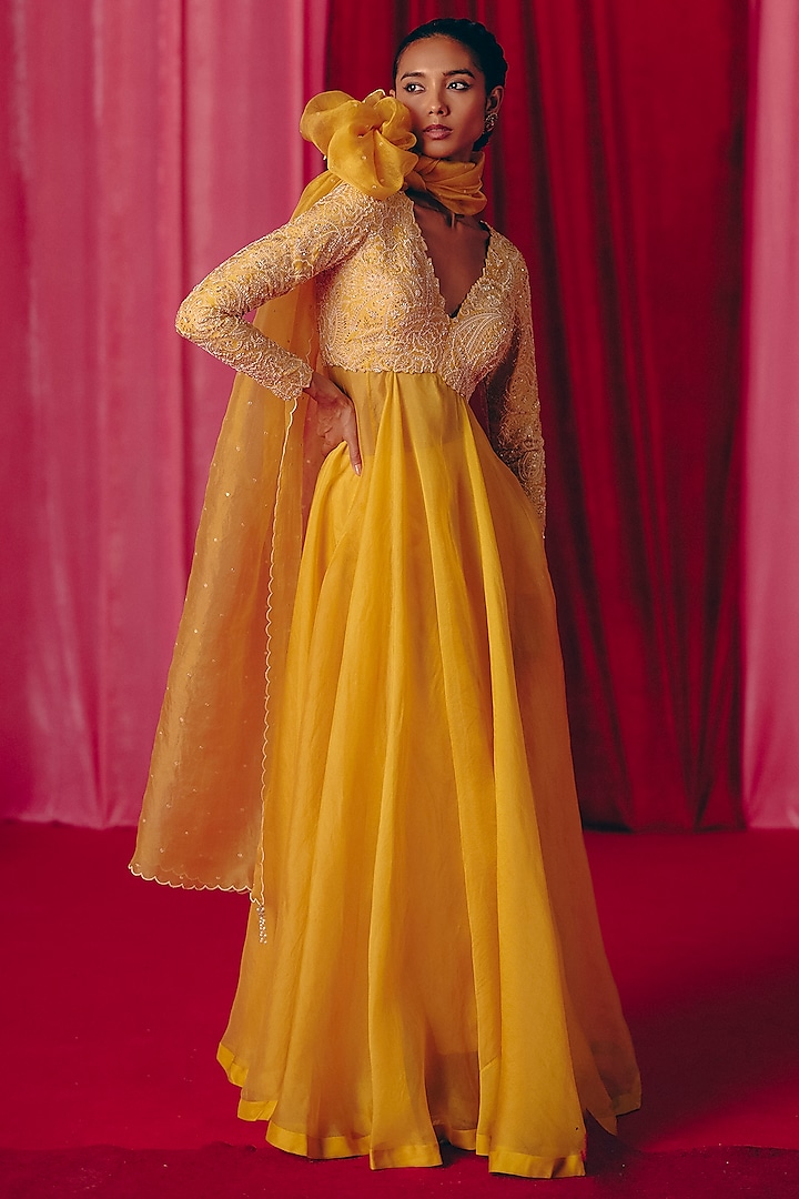 Yellow Pure Silk & Organza Zardosi Hand Embroidered Anarkali Set by Mrunalini Rao at Pernia's Pop Up Shop