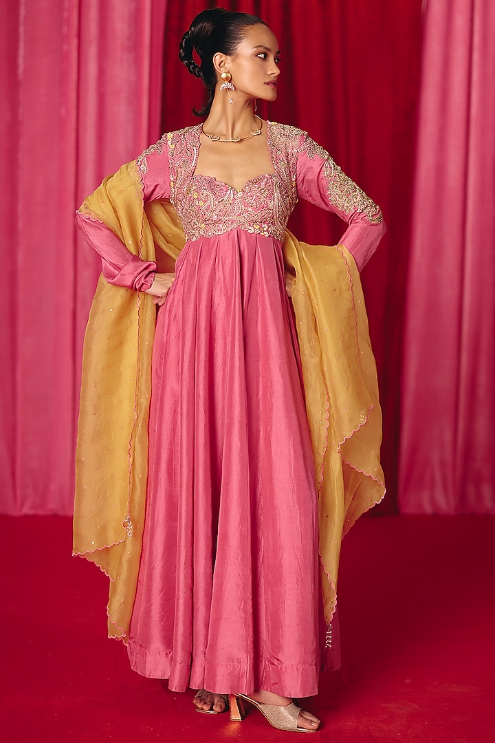 Flamingo Pink Raw Silk & Pure Silk Zardosi Hand Embroidered Anarkali Set by Mrunalini Rao