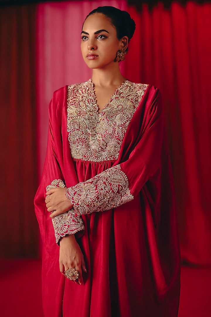 Red Pure Silk Pearl & Zardosi Hand Embroidered Kurta Set by Mrunalini Rao at Pernia's Pop Up Shop