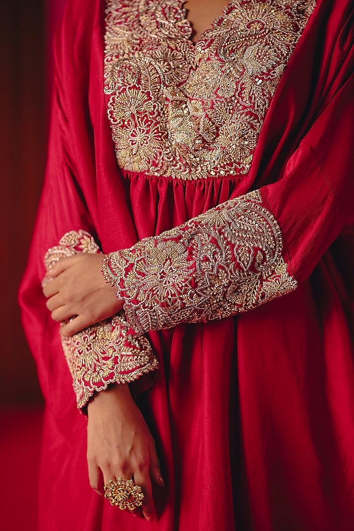 Red Pure Silk Pearl & Zardosi Hand Embroidered Kurta Set by Mrunalini Rao at Pernia's Pop Up Shop