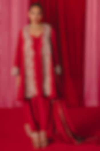 Red Pure Silk Pearl & Zardosi Hand Embroidered A-Line Kurta Set by Mrunalini Rao at Pernia's Pop Up Shop