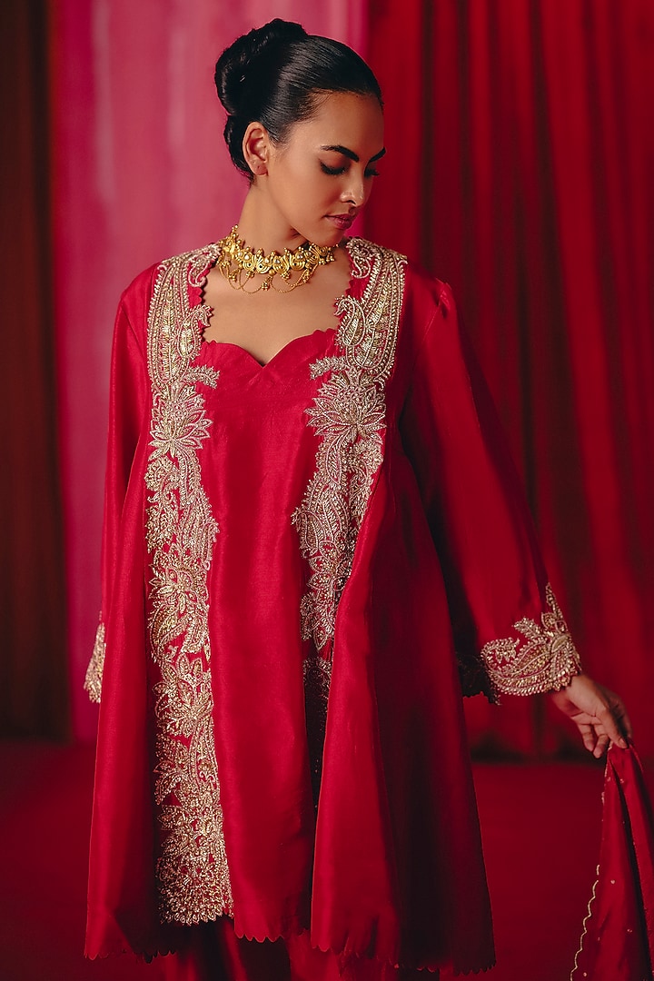 Red Pure Silk Pearl & Zardosi Hand Embroidered A-Line Kurta Set by Mrunalini Rao at Pernia's Pop Up Shop