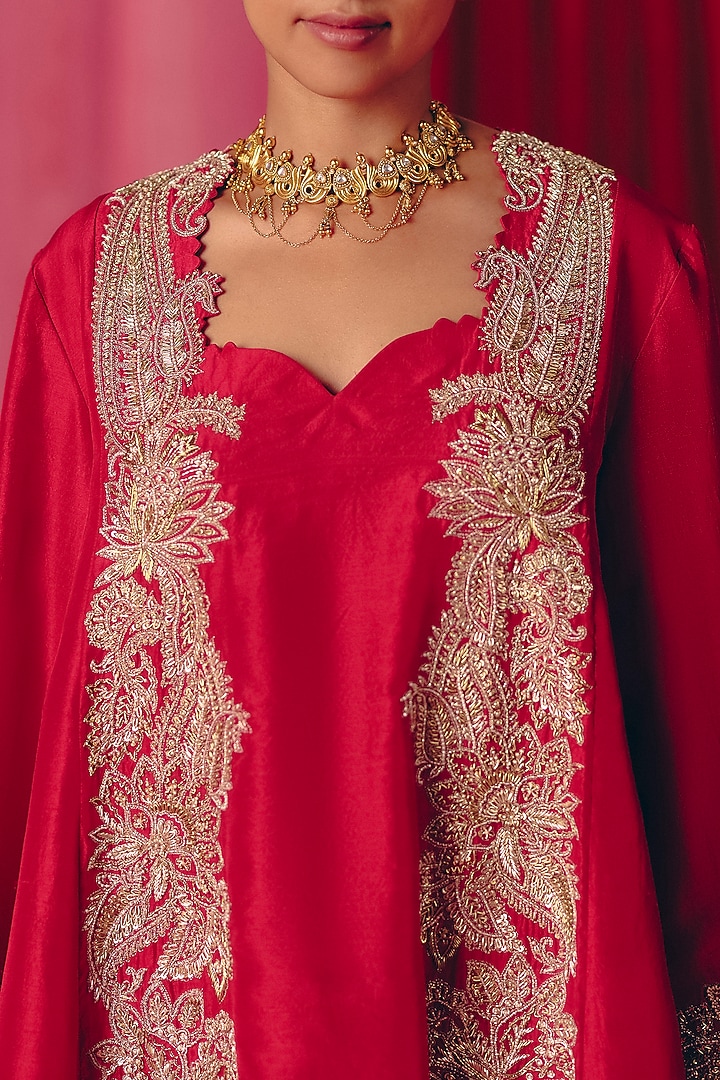Red Pure Silk Pearl & Zardosi Hand Embroidered A-Line Kurta Set by Mrunalini Rao at Pernia's Pop Up Shop