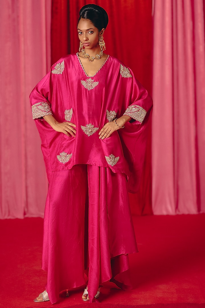 Fuchsia Pink Pure Silk Zardosi Hand Embroidered Short Kurta Set by Mrunalini Rao at Pernia's Pop Up Shop