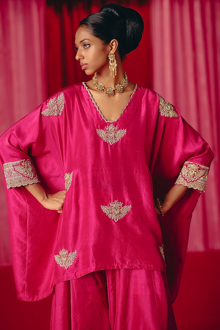 Fuchsia Pink Pure Silk Zardosi Hand Embroidered Short Kurta Set by Mrunalini Rao at Pernia's Pop Up Shop