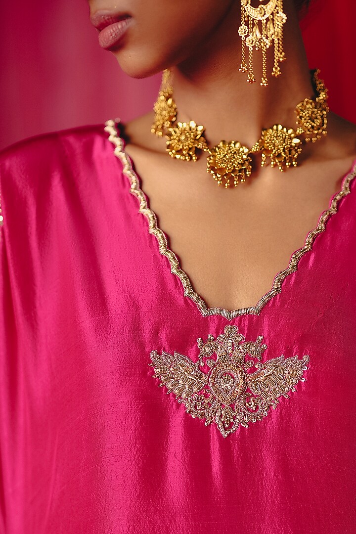 Fuchsia Pink Pure Silk Zardosi Hand Embroidered Short Kurta Set by Mrunalini Rao at Pernia's Pop Up Shop