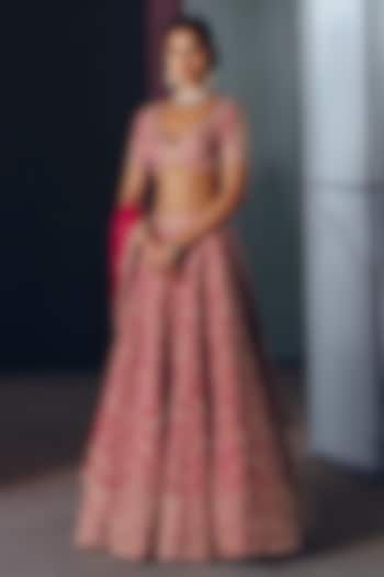 Pink Raw Silk Geometric Motif Embroidered Bridal Lehenga Set by Mrunalini Rao at Pernia's Pop Up Shop