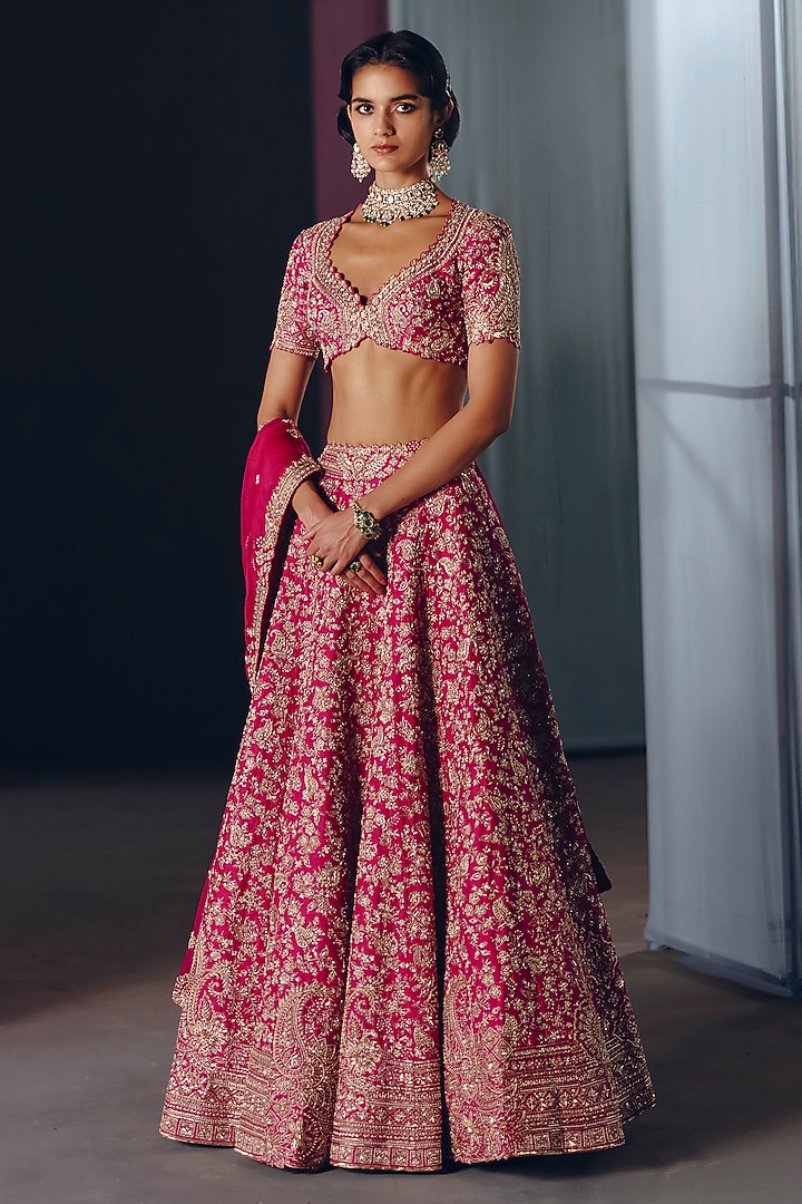 Pink Raw Silk Geometric Motif Embroidered Bridal Lehenga Set by Mrunalini Rao at Pernia's Pop Up Shop