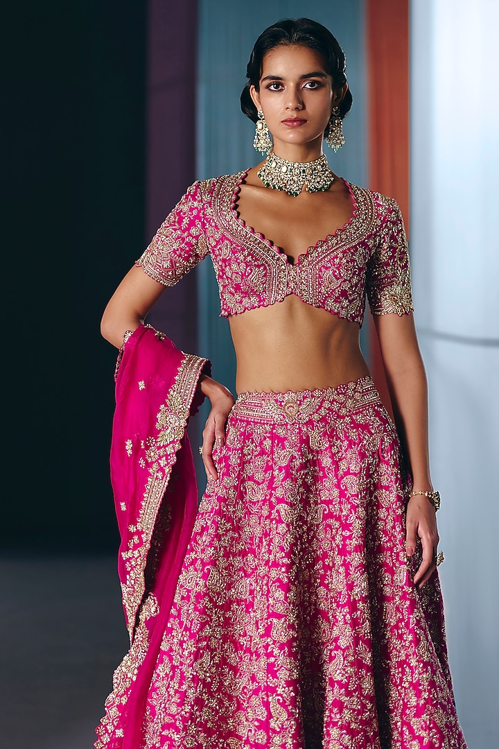 Pink Raw Silk Geometric Motif Embroidered Bridal Lehenga Set by Mrunalini Rao at Pernia's Pop Up Shop