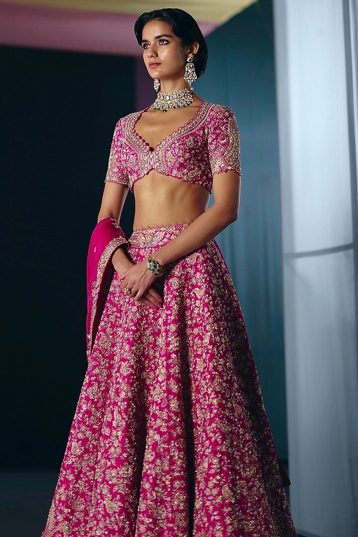 Pink Raw Silk Geometric Motif Embroidered Bridal Lehenga Set by Mrunalini Rao at Pernia's Pop Up Shop