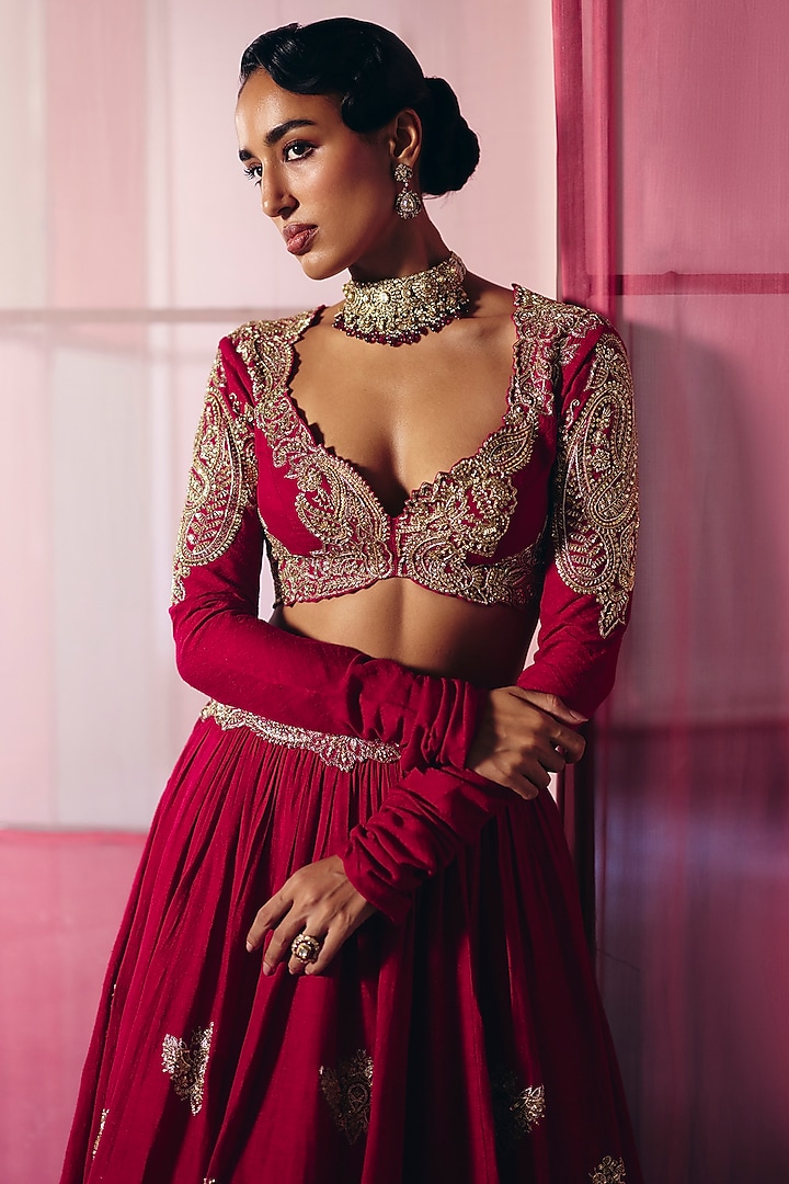 Red Matka Silk Zardosi & Motif Embroidered Bridal Lehenga Set by Mrunalini Rao at Pernia's Pop Up Shop