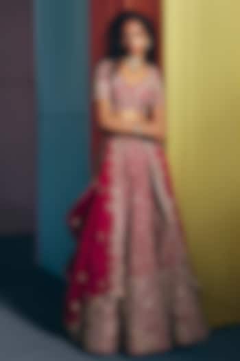 Red Raw Silk Zardosi & Floral Embroidered Bridal Lehenga Set by Mrunalini Rao at Pernia's Pop Up Shop