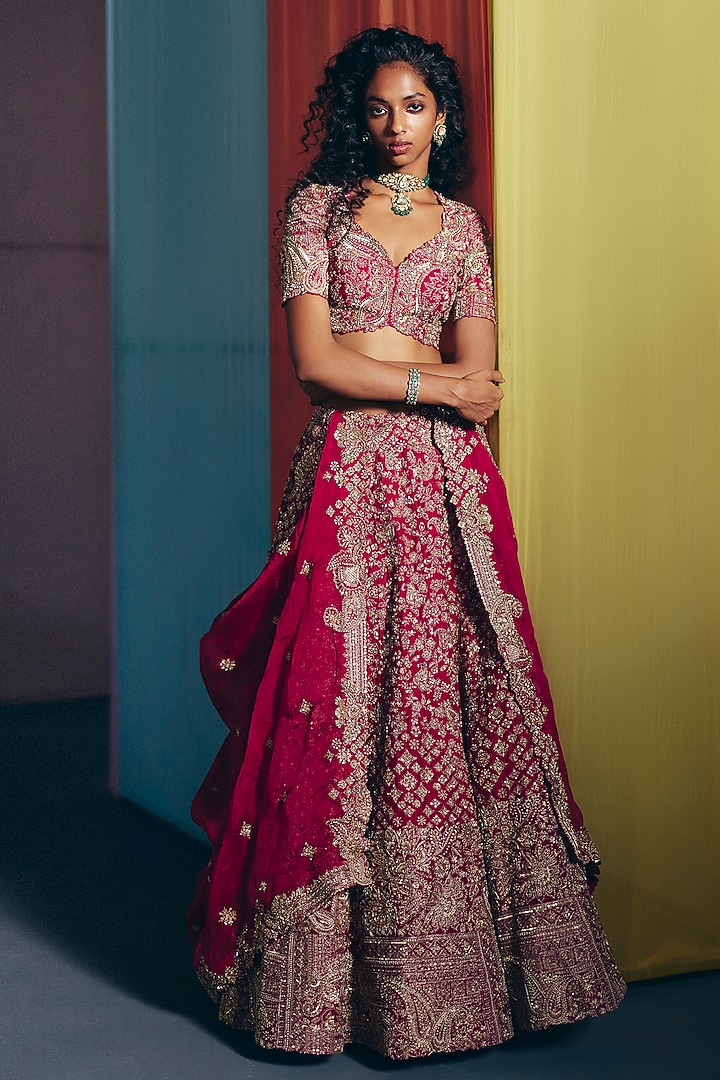 Red Raw Silk Zardosi & Floral Embroidered Bridal Lehenga Set by Mrunalini Rao at Pernia's Pop Up Shop