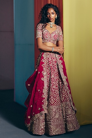 Red Raw Silk Zardosi & Floral Embroidered Lehenga Set by Mrunalini Rao