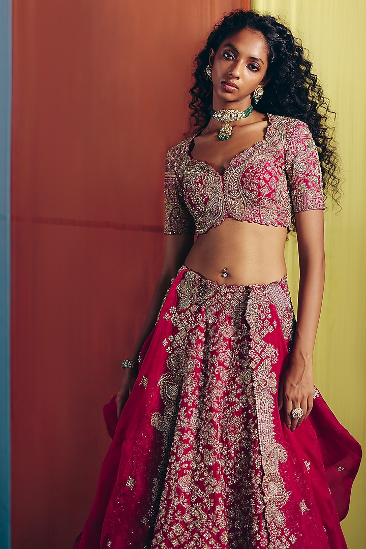 Red Raw Silk Zardosi & Floral Embroidered Bridal Lehenga Set by Mrunalini Rao at Pernia's Pop Up Shop