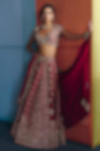 Red Silk Zardosi & Motif Embroidered Bridal Lehenga Set by Mrunalini Rao at Pernia's Pop Up Shop