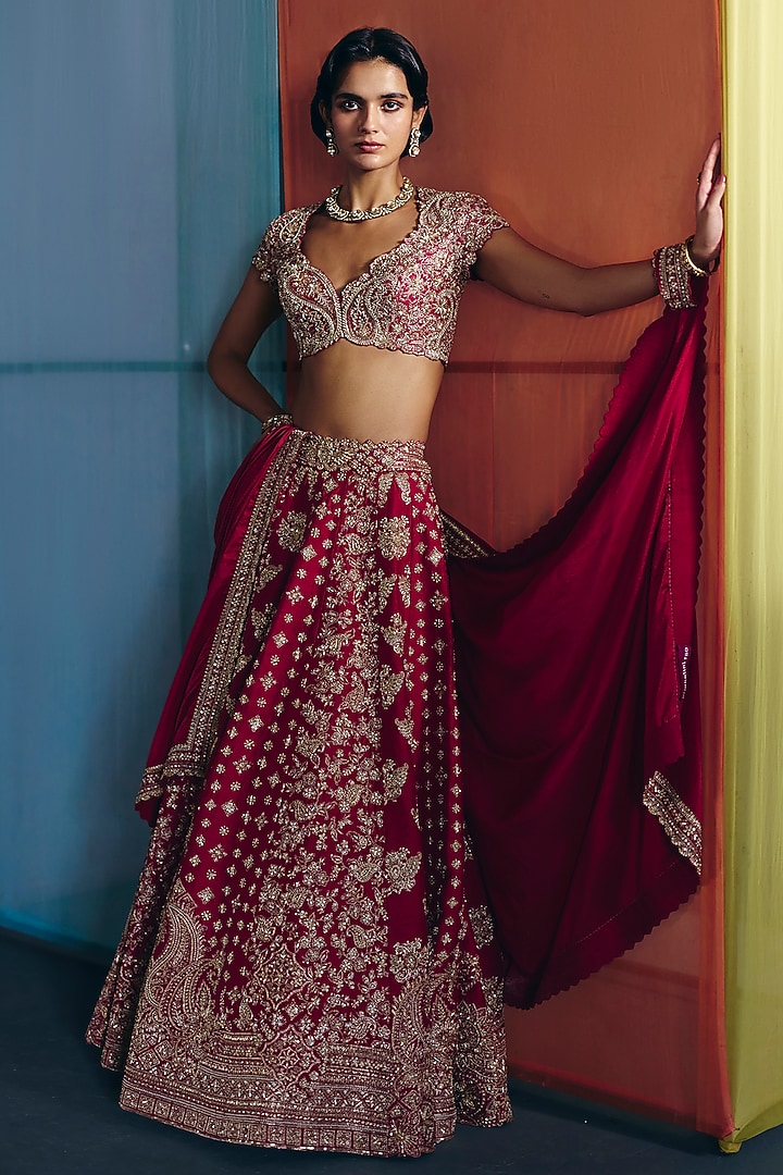Red Silk Zardosi & Motif Embroidered Bridal Lehenga Set by Mrunalini Rao at Pernia's Pop Up Shop