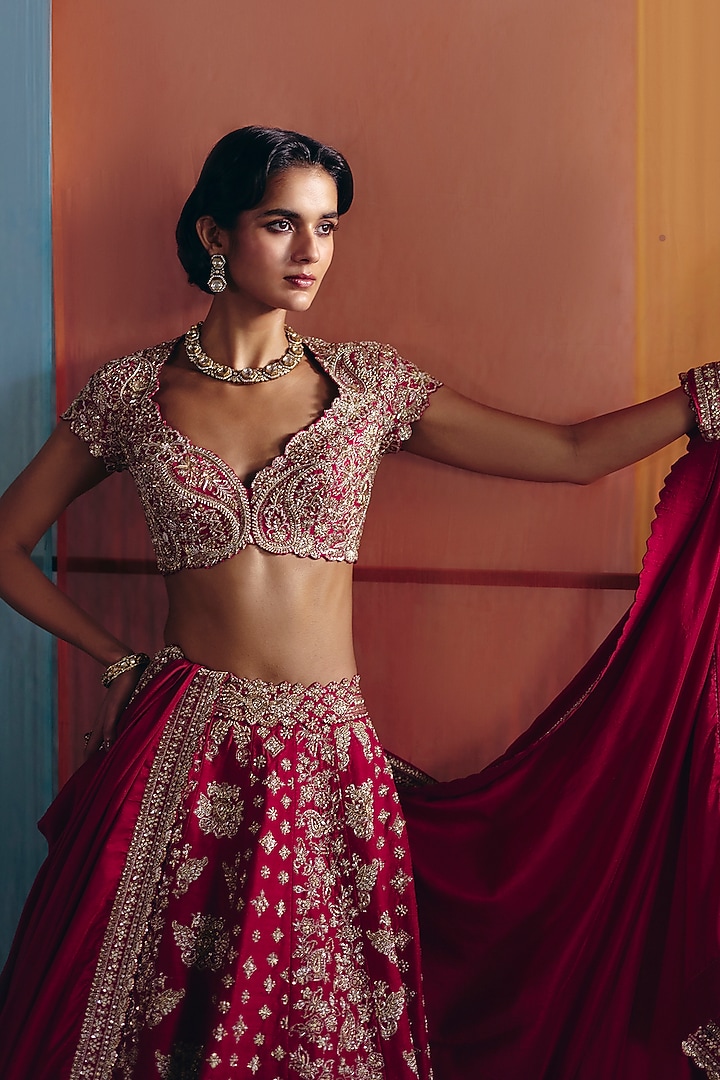 Red Silk Zardosi & Motif Embroidered Bridal Lehenga Set by Mrunalini Rao at Pernia's Pop Up Shop