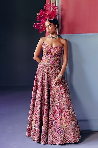 Red Raw Silk Geometric Motif Embroidered Lehenga Set by Mrunalini Rao