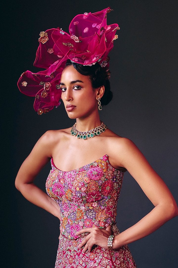 Red Raw Silk Geometric Motif Embroidered Bridal Lehenga Set by Mrunalini Rao at Pernia's Pop Up Shop