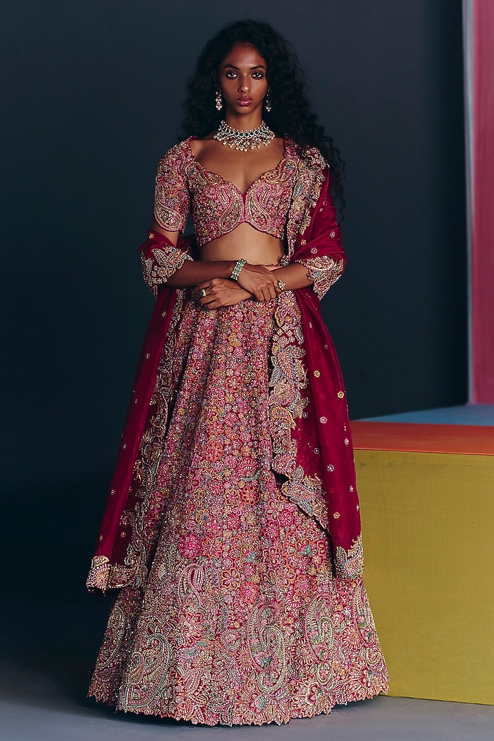Maroon Silk Zardosi & Paisley Embroidered Bridal Lehenga Set by Mrunalini Rao at Pernia's Pop Up Shop