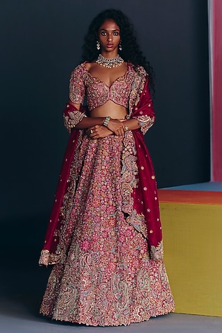 Maroon Silk Zardosi & Paisley Embroidered Lehenga Set by Mrunalini Rao