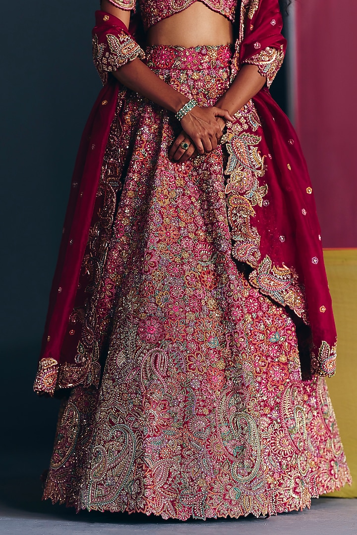 Maroon Silk Zardosi & Paisley Embroidered Bridal Lehenga Set by Mrunalini Rao at Pernia's Pop Up Shop