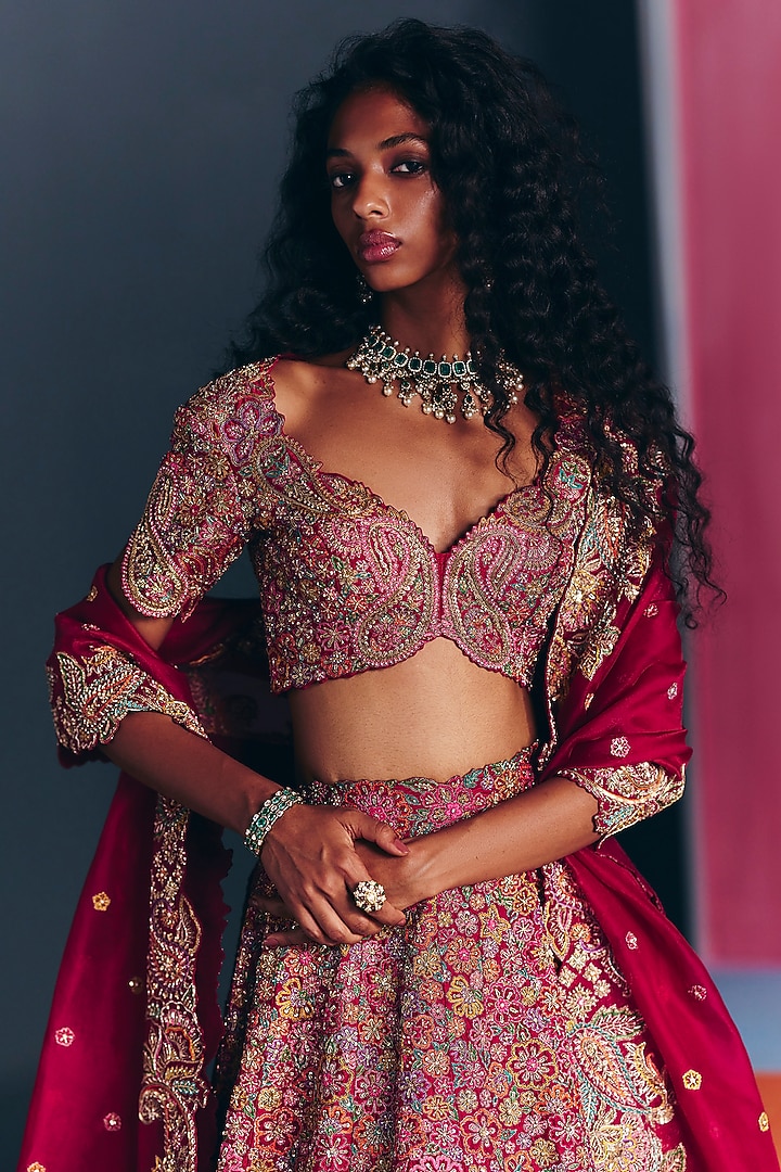 Maroon Silk Zardosi & Paisley Embroidered Bridal Lehenga Set by Mrunalini Rao at Pernia's Pop Up Shop